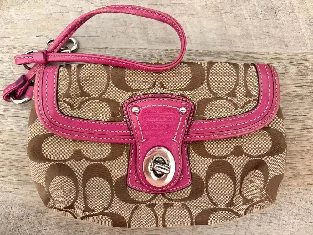 Coach Signature Brown and Pink Turnlock Wristlet